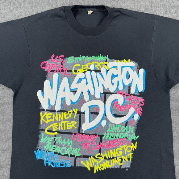 Vintage Washington DC Memorials Graffiti T-Shirt Men's Large Black‎ Hip Hop 80s - Picture 2 of 7